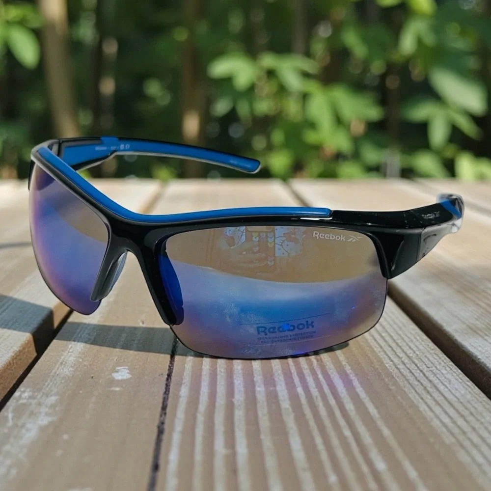 Reebok Black Wrap Sunglasses Blue Accents & Tinted Lenses RES446-1 Mens